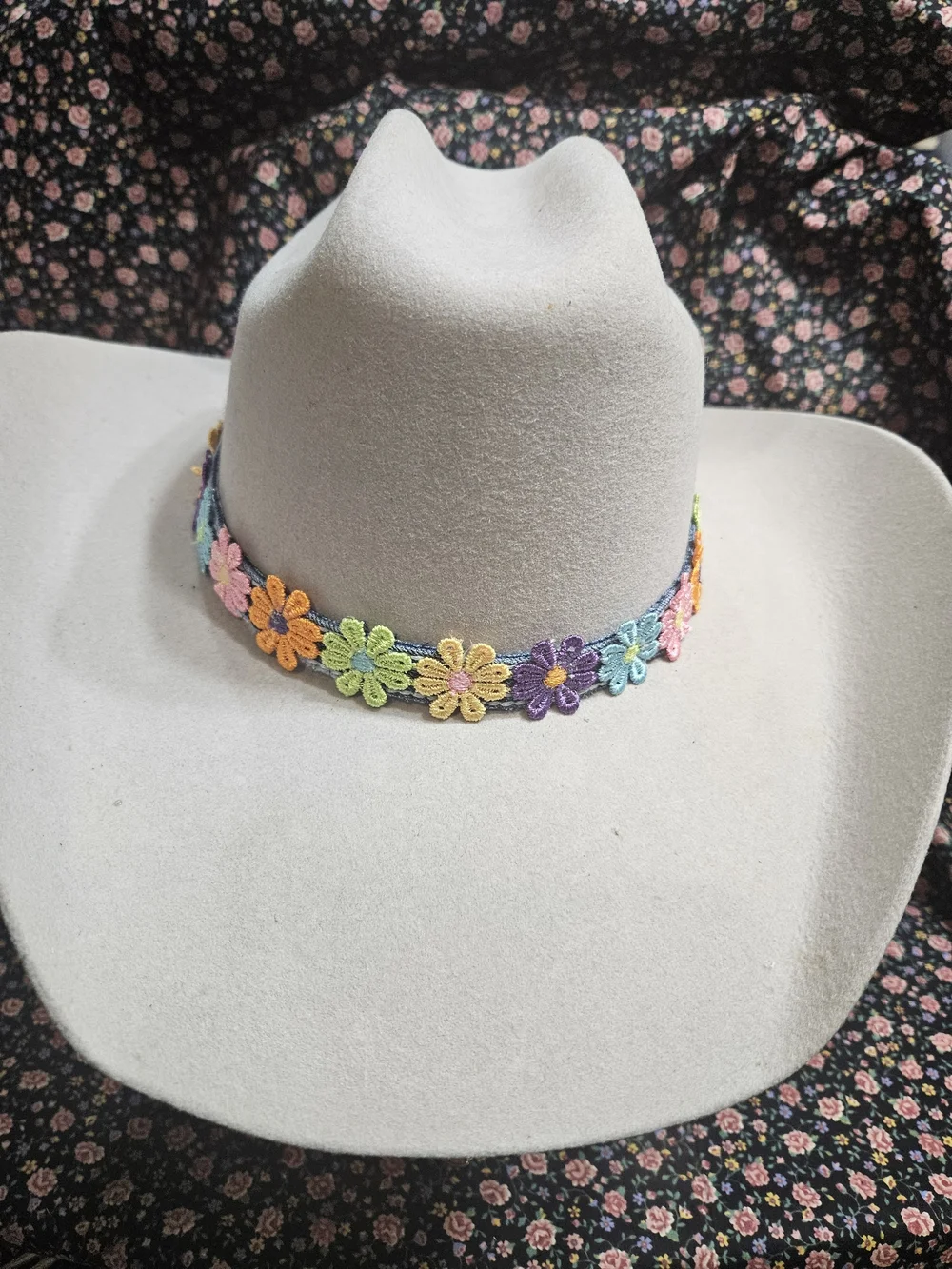 Floral Western Hat Band Denim & Multicolor Daisies